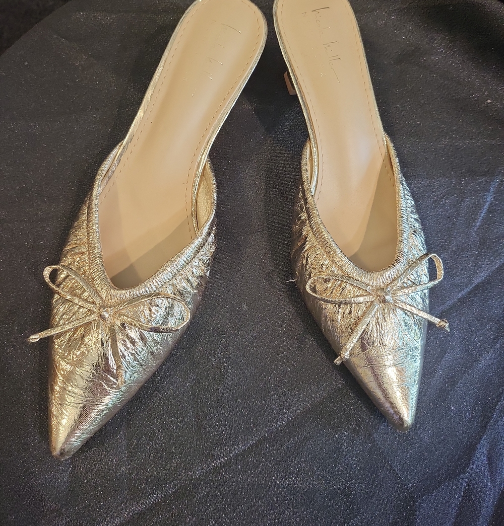 Nicole Miller Metallic Gold Pointed Mule Flats with Bow Accent